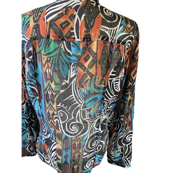 Retro CHICO'S Womens 1 (M) 100% Silk Artsy Semi-Sheer Career High Collar Blouse - Picture 7 of 10